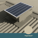 Square, solar-powered roof ventilator unit in Paperbark installed on a corrugated metal roof.
