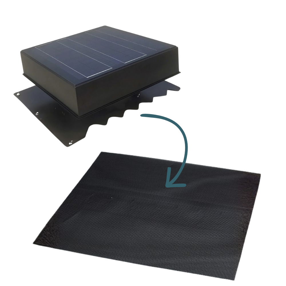 A graphic shows a square solar roof ventilator and points to the black mesh sheet used to seal it against bushfire embers.