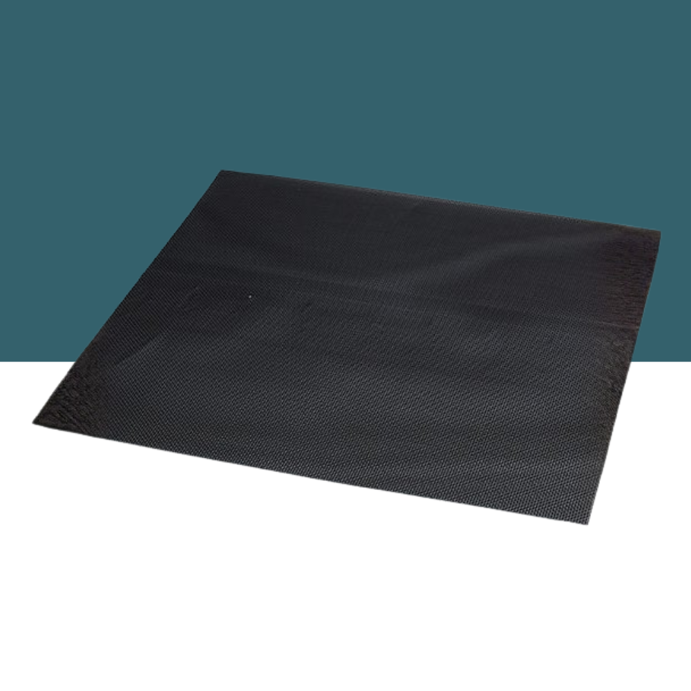 Black textured mat on a white surface with a teal background