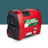 Angled view of DP 1500iL inverter generator on teal background.