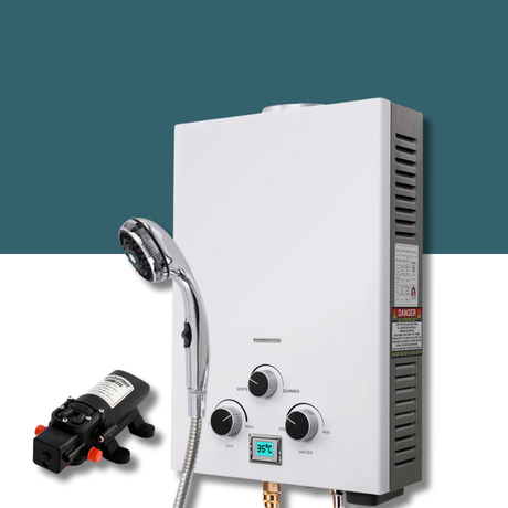 Hot water heater with shower head and control panel on a white background