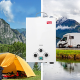 Thermomate product with camping scene featuring tent, RV, and mountain landscape.