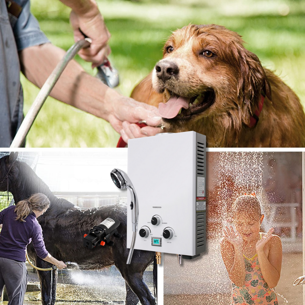 Dog being washed with a hose, hot water tank, and children playing in water.