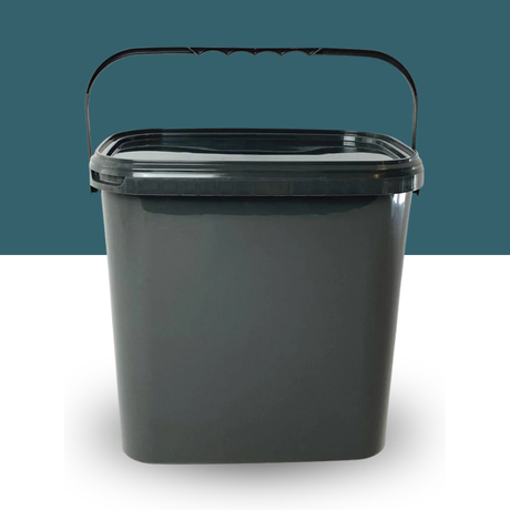 Trelino® Composting Toilet Solid Waste Container With Lid - Black on a white surface with a teal background