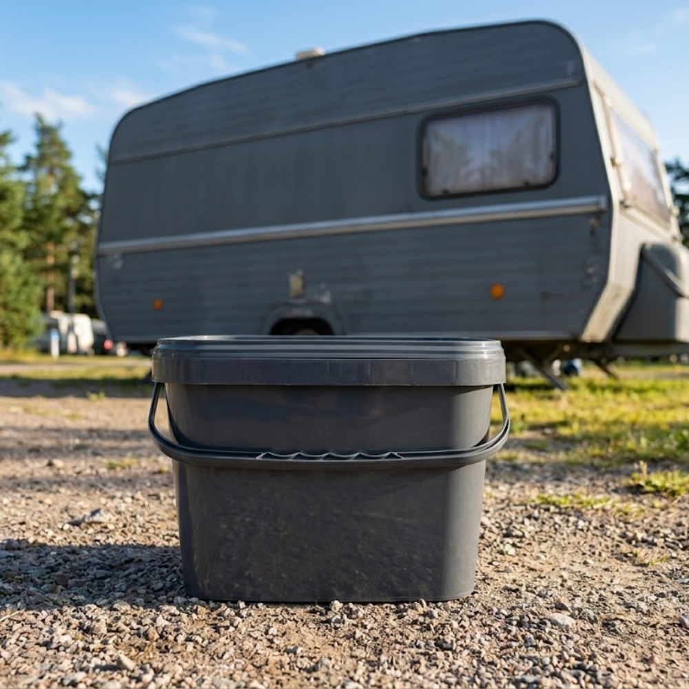Trelino® Composting Toilet Solid Waste Container With Lid - Black on a gravel surface with a vintage-style caravan in the background.