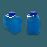 Two blue plastic jugs with blue lids on a dark gray background
