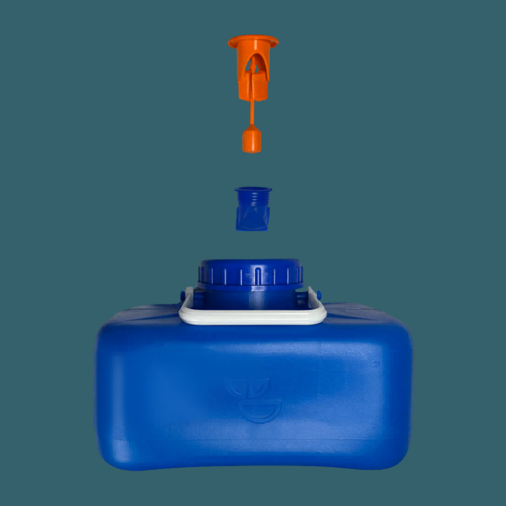 Blue plastic container with orange and blue lids on a transparent background