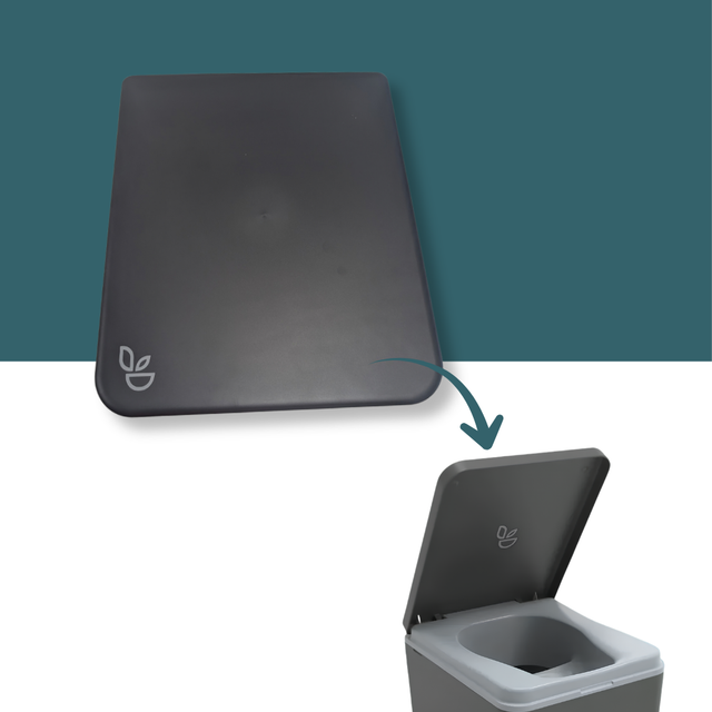 A dark charcoal gray square lid with a small white plant icon, shown above an open matching gray container with a teal arrow pointing from the closed lid to the open container, on a split teal and white background.