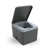 Gray portable toilet with open lid on a white background