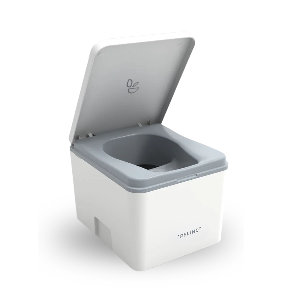 A Trelino portable toilet container with a white body, gray rim, and open lid, shown on a clean white background.