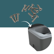 A set of silver metal screws shown above a close-up of a gray and white container with an arrow pointing to the top edge, indicating the screws are included for assembly.