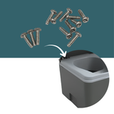 A set of silver metal screws shown above a close-up of a gray and white container with an arrow pointing to the top edge, indicating the screws are included for assembly.