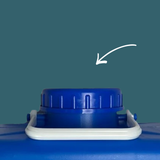 Blue plastic container with a white lid on a blue background