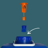Blue container with an orange valve on a teal background