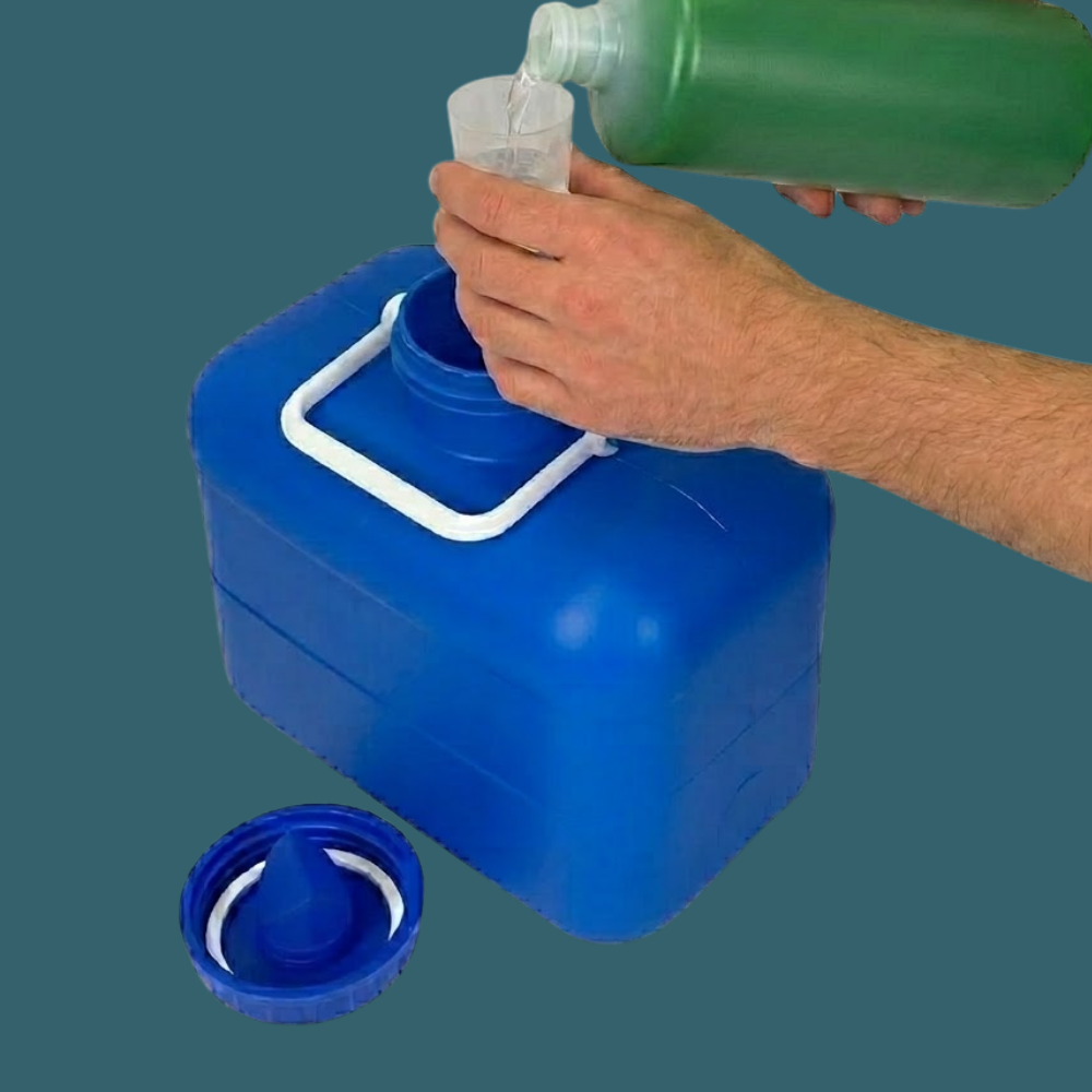 Person pouring liquid from a green bottle into a blue container with a white lid.