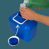 Person pouring liquid from a green bottle into a blue container with a white handle.