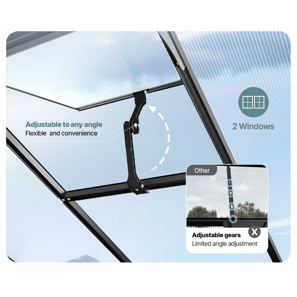 Window cleaning tool with adjustable gears for cleaning two windows, against a clear sky background.
