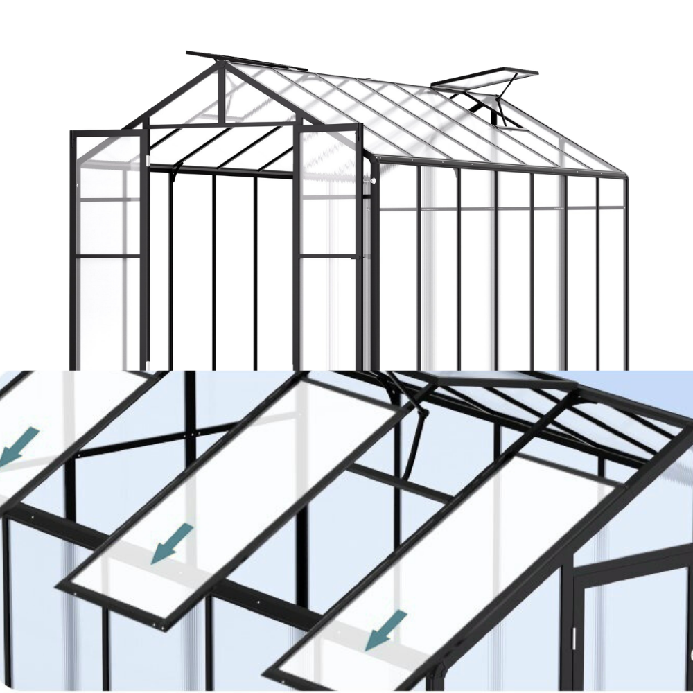 Glass greenhouse structure with metal frame on a white background