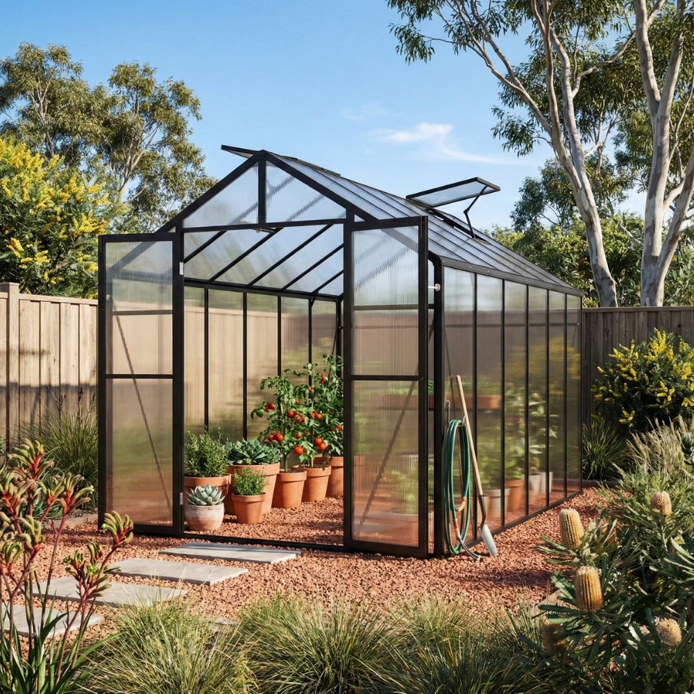 Glass greenhouse with plants in a garden setting