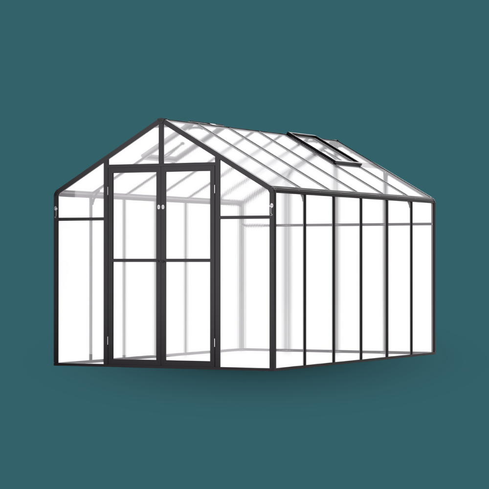 Greenhouse structure with glass panels on a teal background