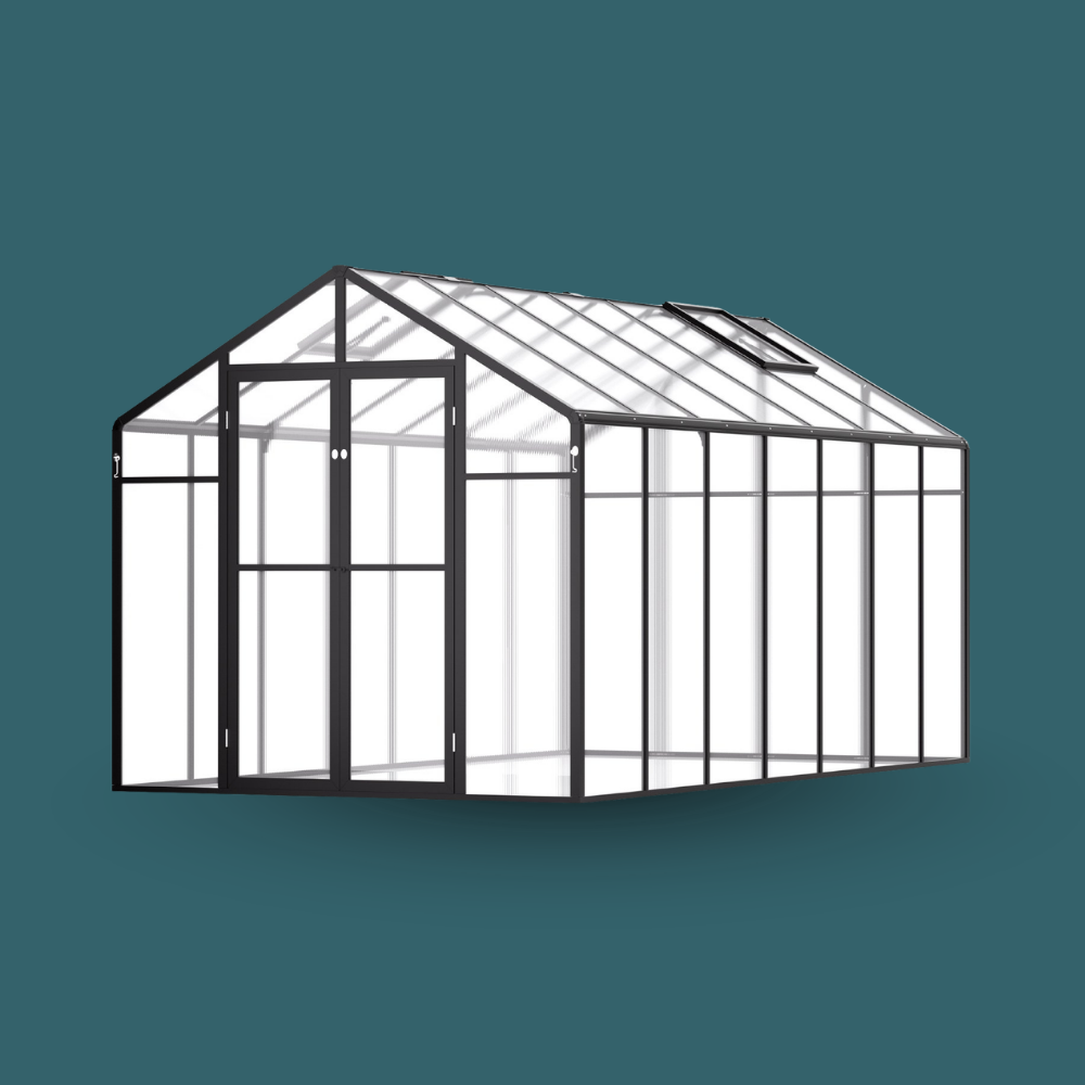 Glass greenhouse structure on a teal background