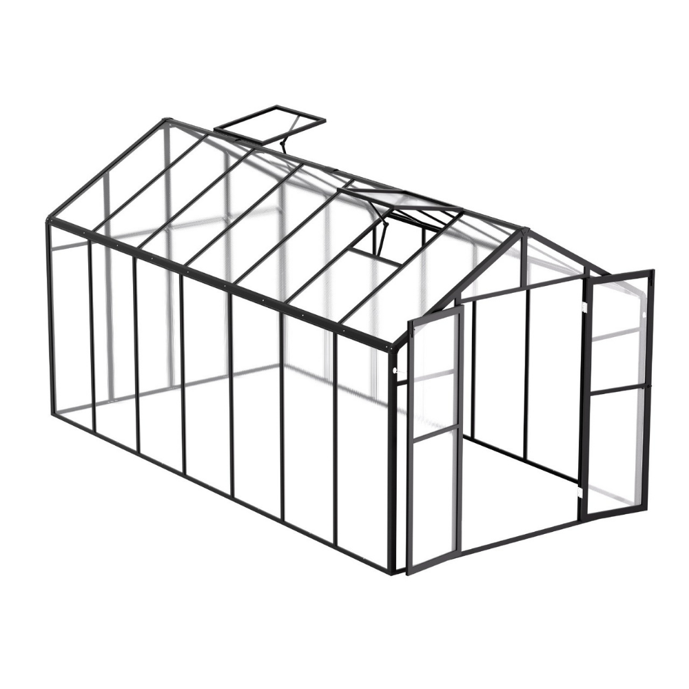 Black-framed greenhouse structure on a white background