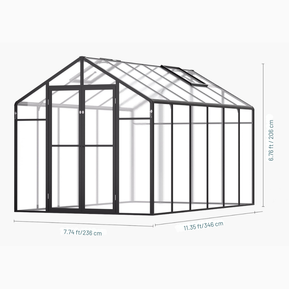 Greenhouse structure with dimensions on a white background