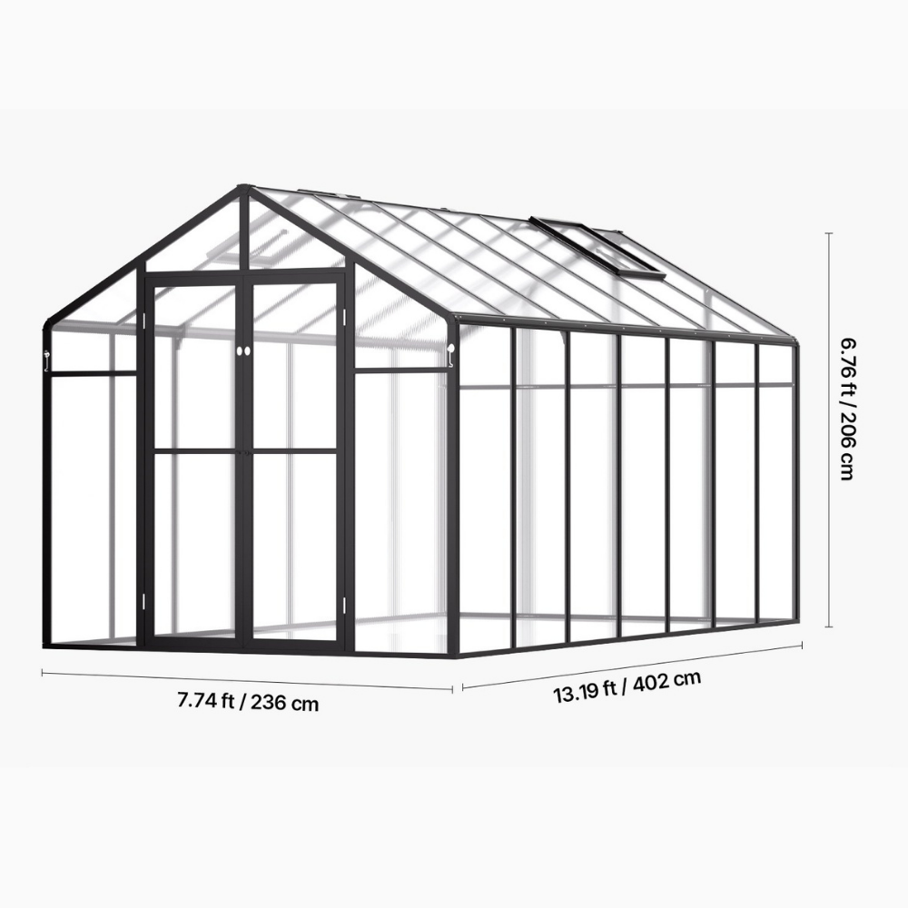 Diagram of a greenhouse with dimensions on a white background
