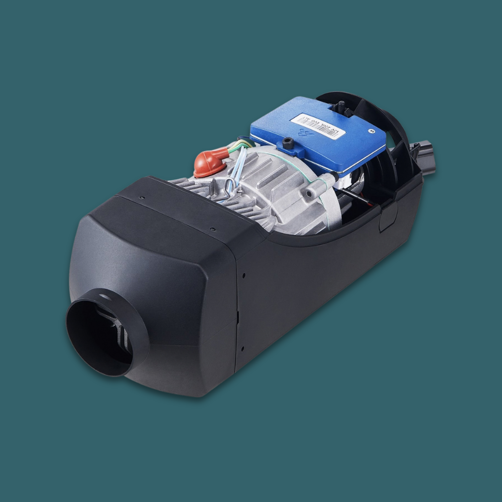 Mechanical device with black and blue components on a green background