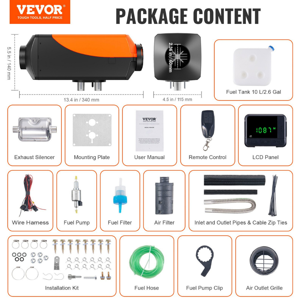 Vevor package content list with various components and their dimensions.