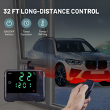 Digital thermometer and remote control with car in the background, emphasizing long-distance control feature.