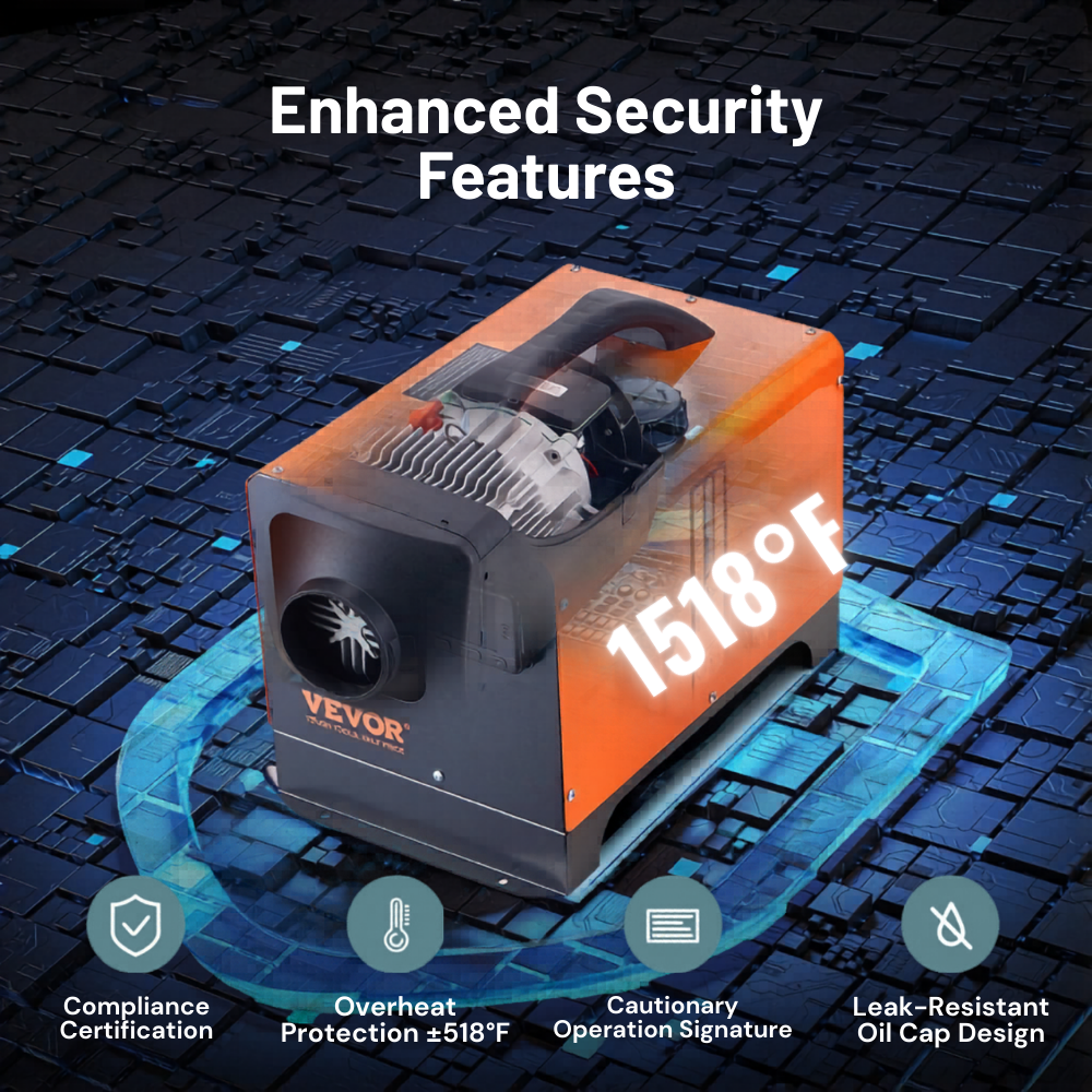 Vevor welder with 'Enhanced Security Features' text on a digital background