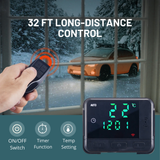 Digital thermometer with remote control in front of a snowy landscape with a car.