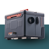 VEVOR 8kW 12V/24V Diesel Air Heater With CO Alarm with gray and red design on a gradient background