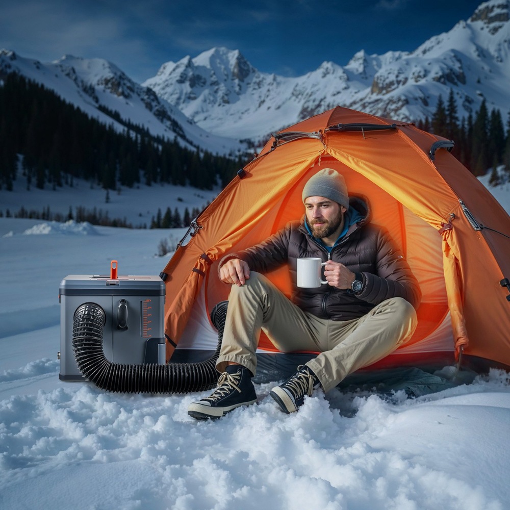 Person sitting in an orange tent in a snowy mountain landscape with a cooler and fan nearby.