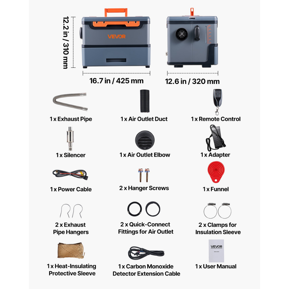 List of components and accessories included with a Vevor product on a white background
