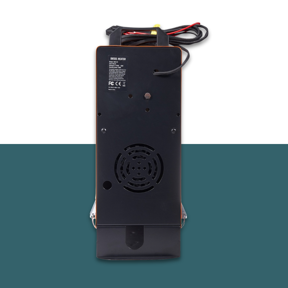 Back view of a black electronic device with a cooling fan on a white and green gradient background
