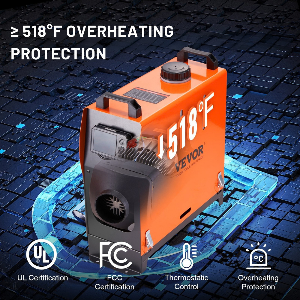 VEVOR 8kW 12V Diesel Air Heater With Bluetooth App Control with '1518°F' on a blue circuit board background, featuring Vevor branding and certification logos.