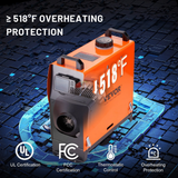 VEVOR 8kW 12V Diesel Air Heater With Bluetooth App Control with '1518°F' on a blue circuit board background, featuring Vevor branding and certification logos.