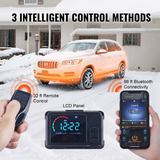Car in snow with remote control, LCD panel, and smartphone displaying air heater controller app.