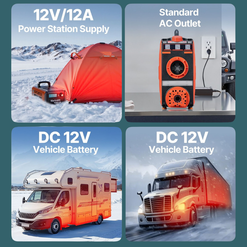Four images showing different uses of a power station supply in various settings.