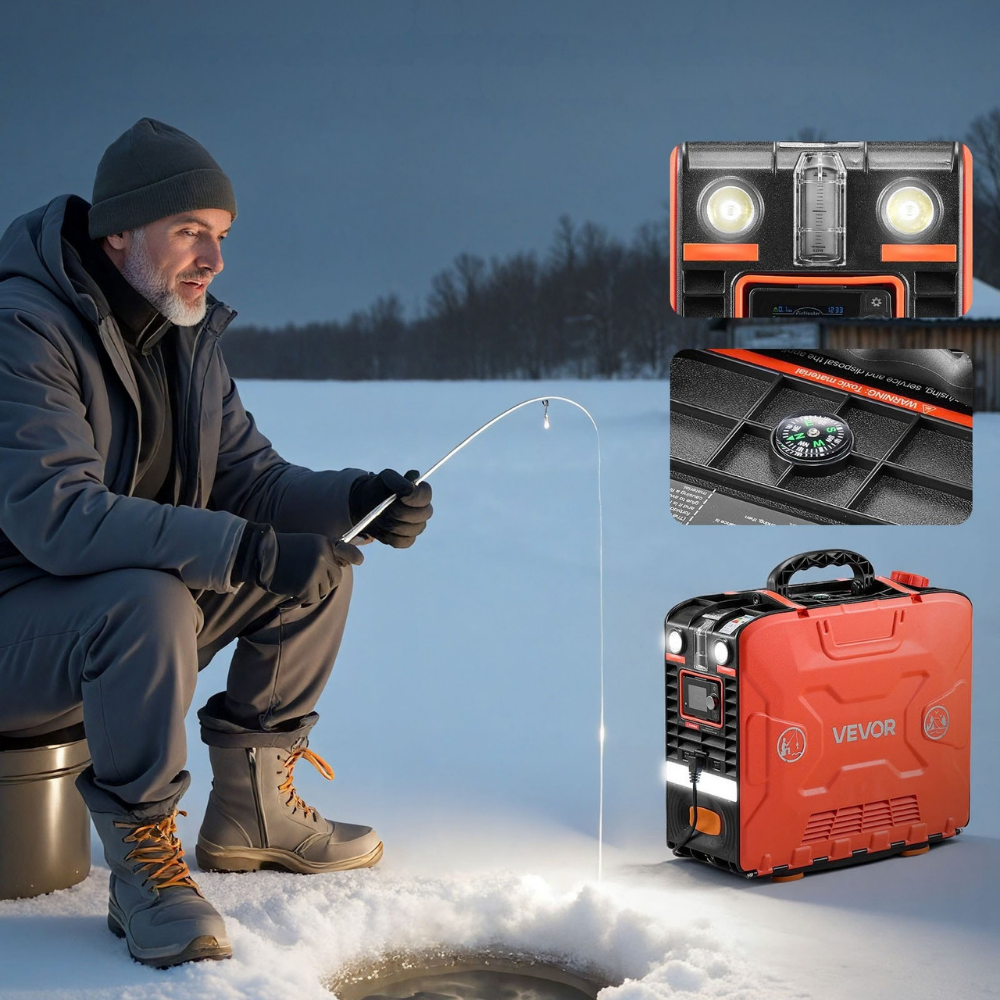 Man ice fishing in the snow with VEVOR portable power station and light inset.