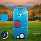 Blue plastic tank with labeled parts on a grassy field background