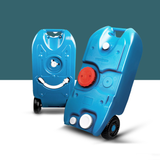 Two blue water tanks on a white and teal surface.