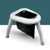 White plastic stool with a black trash bag inside on a white background