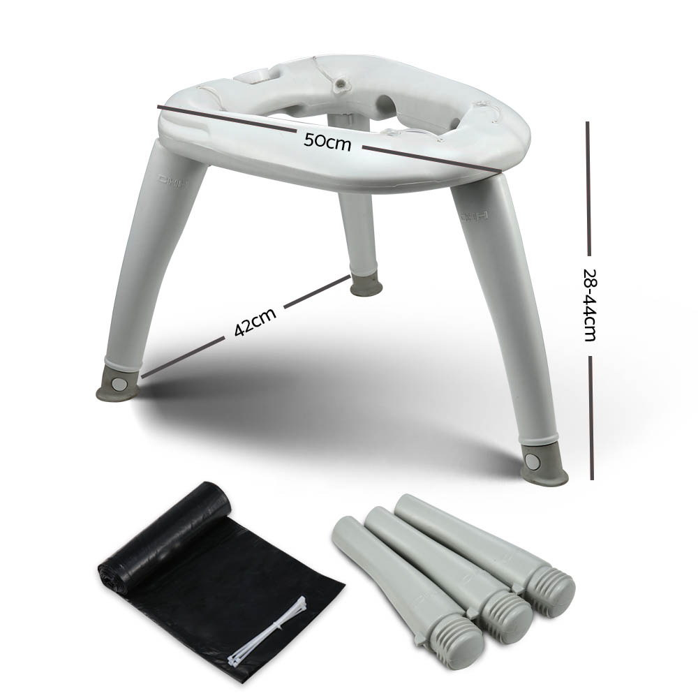 Foldable stool with dimensions and accessories on a white background