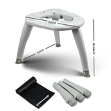 Foldable stool with dimensions and accessories on a white background