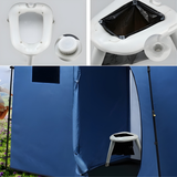 Collage of a portable toilet with a seat cover, black bag, and blue privacy tent.