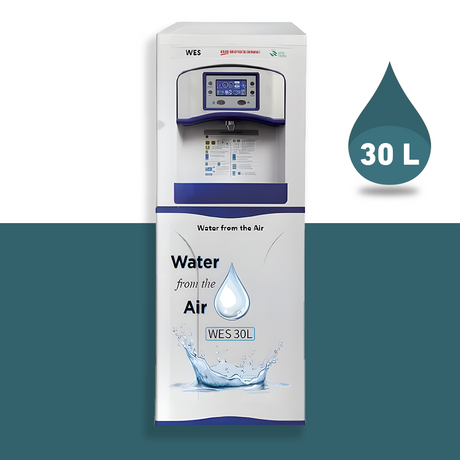 Front view of a WES 30L atmospheric water generator with a white and blue design, equipped with a touch display and the tagline 'Water from the Air.' The graphic indicates a 30-litre capacity.